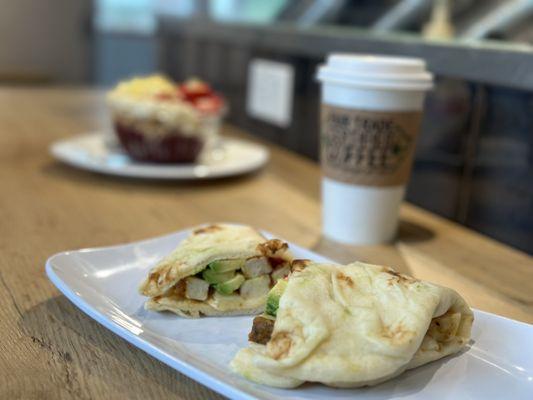 Açaí bowl, chicken chipotle sandwich, coffee and orange juice for a little less than $35.