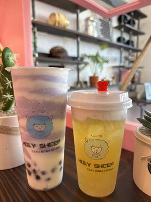 Taro Tornado with boba super creamy. And a White Peach Oolong Tea with cheese foam and aloe vera jelly so refreshing.