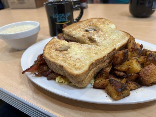 The Grand Classic : sourdough toast , double bacon and extra crispy potatoes