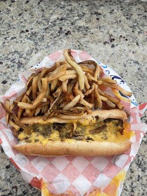 Philly cheese steak with onions, Cheese Wiz and a (small) fry.