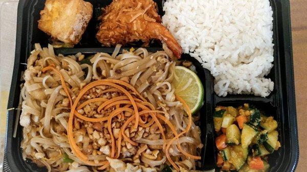 Pad Thai with rice and tempura shrimp bento