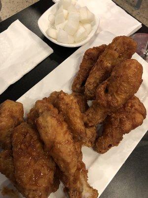 Soy garlic Korean fried chicken wings (comes with pickled radish on the side)