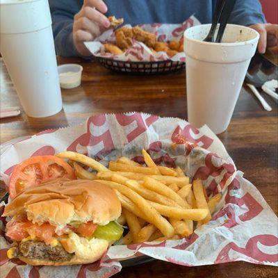 Burger,chicken tender basket and Oreo milkshake...delish