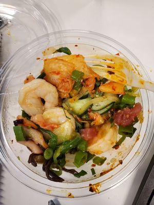 Poké bowl with shrimp; the shrimp was not fully thawed, still partially frozen