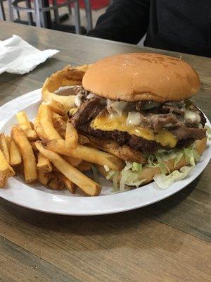 This is the Texas State Burger. It has Philly Cheese Steak meat on it. By far the best burger I've had in a long time.