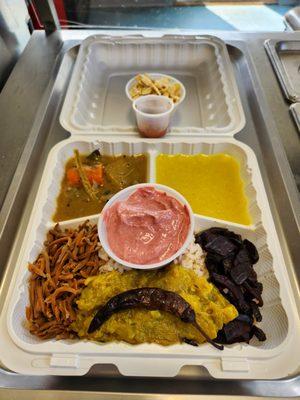 Vegetarian Quick Meal with Chamba rice, Carrot, Zuccini, Beets, Lenthil Curry, Sambar and Beet Pachadi