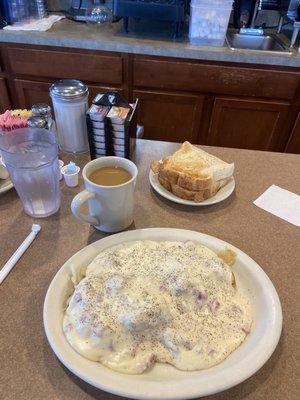 Chipped beef Home Fries and sourdough toast.