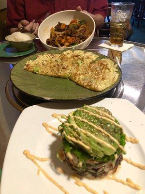 Spicy (Spiny pork...inside joke related to old typo) my husbands fav, Okonomiyaki (Japanese pancake) tasty!And calamari salad (my FAVORITE!)