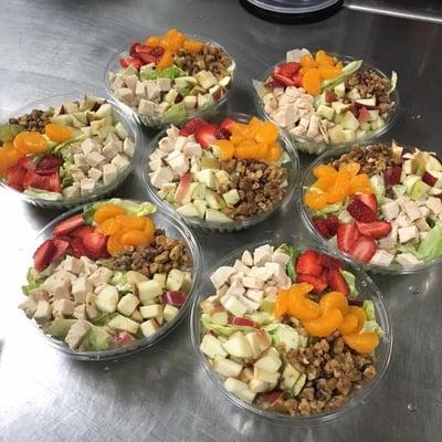 Healthy Chicken Specialty Salads with Grilled Chicken, Strawberries, Mandarin's, Apples, and Glazed Walnuts