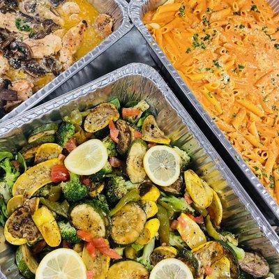 Catering choices 
Pasta vodka 
Chicken and vegetables 
Chicken Marsala