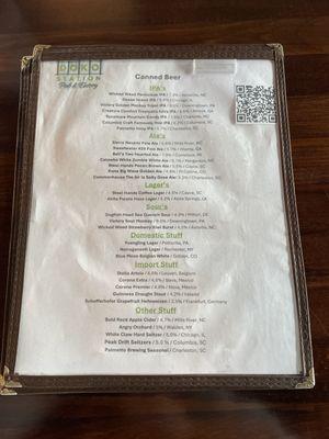 Beer menu (drafts rotating)