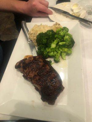 The New York strip with broccoli and homemade mashed potatoes.