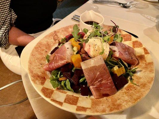 Burrata/beet/proscuitto/arugala salad