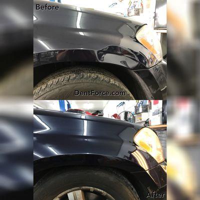 Before and after of a Mercedes GL450 fender that we removed a large dent from.