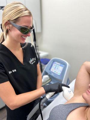 NP Ellie is a laser specialist and is performing painfree permanent laser hair removal on underarms.