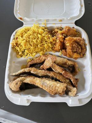 Whiting, yellow rice, sweet potatoes