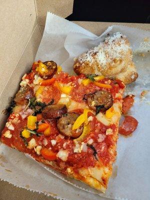 Grandpa's Sicilian slice and a garlic knot, $8. Slice had awesome flavor, but the guy didn't hear it enough. Garlic knot was meh.