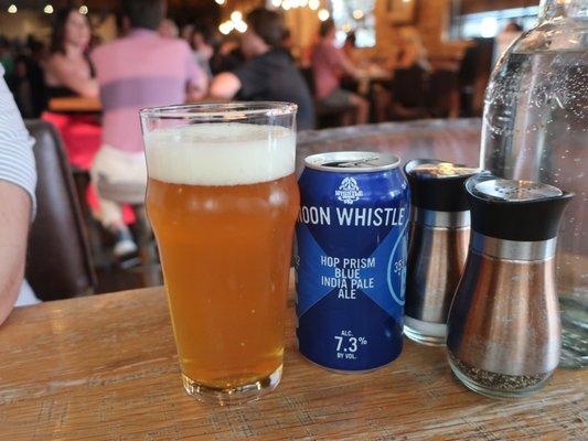 Noon Whistle Hop Prism Blue IPA, 7.3% ABV.   Duh, says the reader whom I make read things twice.