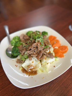 Beef with ginger broccoli carrots cabbage