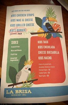 Kids menu August 2022