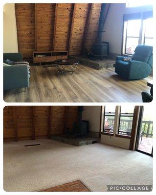 Before and after, old carpet to new luxury vinyl plank.