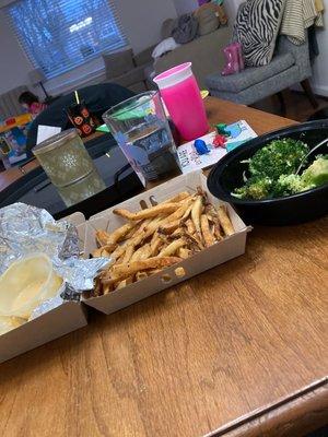 Cheese Fries and broccoli