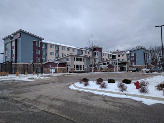 The hotel from the edge of the parking lot.