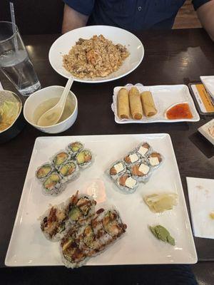 Shrimp tempura, philly roll, alaska roll, miso, egg rolls, combo fried rice