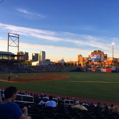 View down 1st base line at sunset