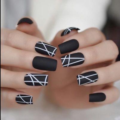 Black acrylics with white stripes design