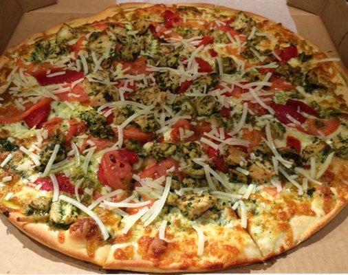 Our gourmet Chicken Pesto pizza...YUM!