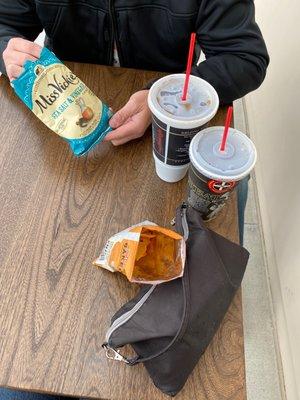 Outdoor seating. Snacking before sandwiches