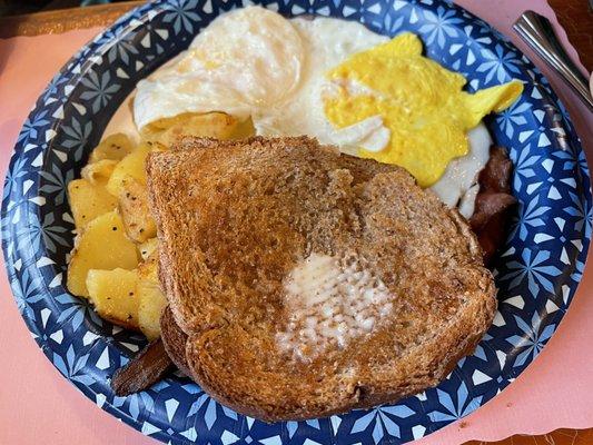 Eggs, bacon, home-fries & homemade wheat bread toast