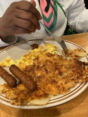 Breakfast plate - sausage, scrambled eggs, and home fries