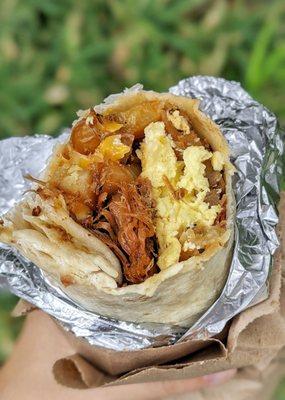 Chuns Bomber (Breakfast Burrito with Eggs, Potato, Jack & Cheddar Cheese, 12 hour Slow Roasted Pulled Ka lua Pork and Bacon)