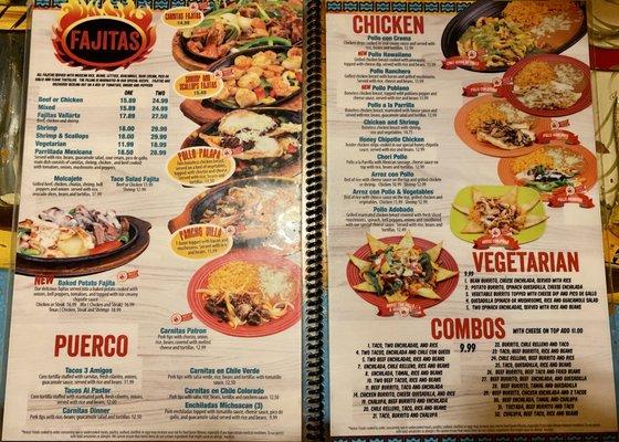 Menu of fajitas and chicken