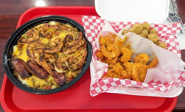 The Cajun shrimp and cheesey grits with andouille sausage. Buffalo shrimp and fried okra.  Yum !