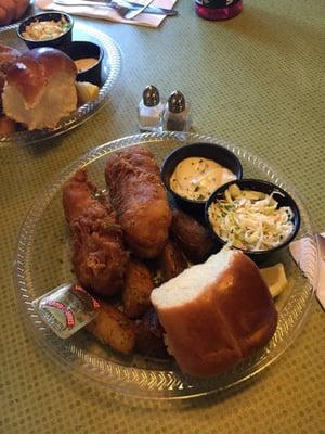 Fish fry with tarter sauce and slaw. Roasted potatoes are awesome!