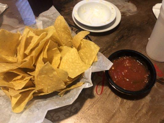 Chips and salsa and an empty bowl of cheese dip.