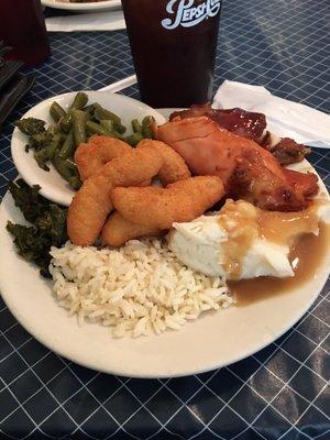 BBQ chicken, rice, greens, green beans, mashed potatoes, hush puppies