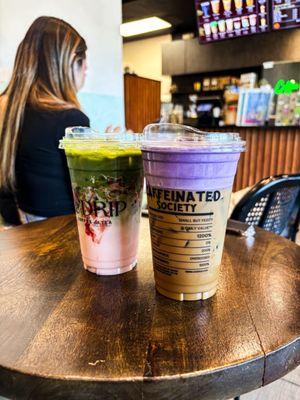 Strawberry Matcha Latte w/ soy milk & Ube coffee