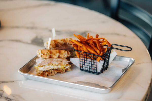 Chicken Coeur On Bleu Sandwich with Sweet Potato Fries