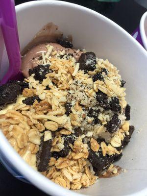 Chocolate gelato, French vanilla, banana flambé with Oreo, cookie dough, granola and toasted coconut. Yum!