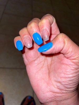 Short coffin shape with blue gel polish