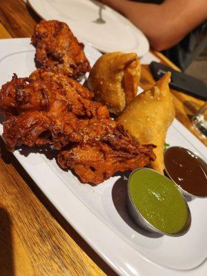 Vegetable samosa and onion bhajiyas