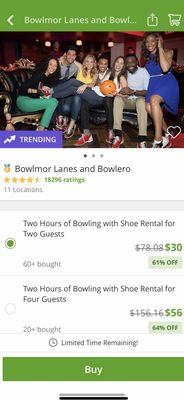 Groupon has Discount Tickets for Biwlmor Bowling there are multiple locations