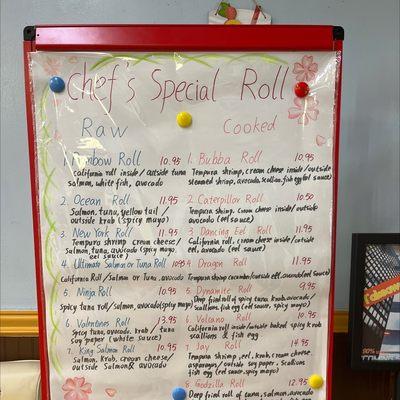 Chef's Special roll menu