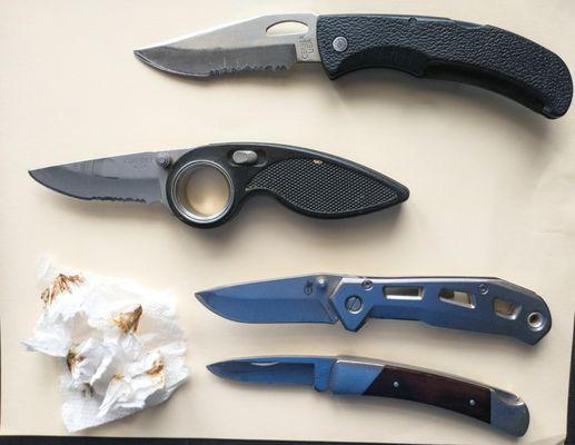 The same 4 knives after I reprofiled their tips and blades, cleaned & sharpened them. The owner who is apparently hard on them was estatic.