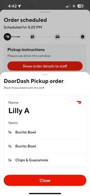 The order showing the time for pick up as 5:25 and saying to go through the drive through.