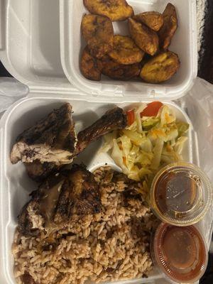 Jerk Chicken plate $14 with plantains on the side $6